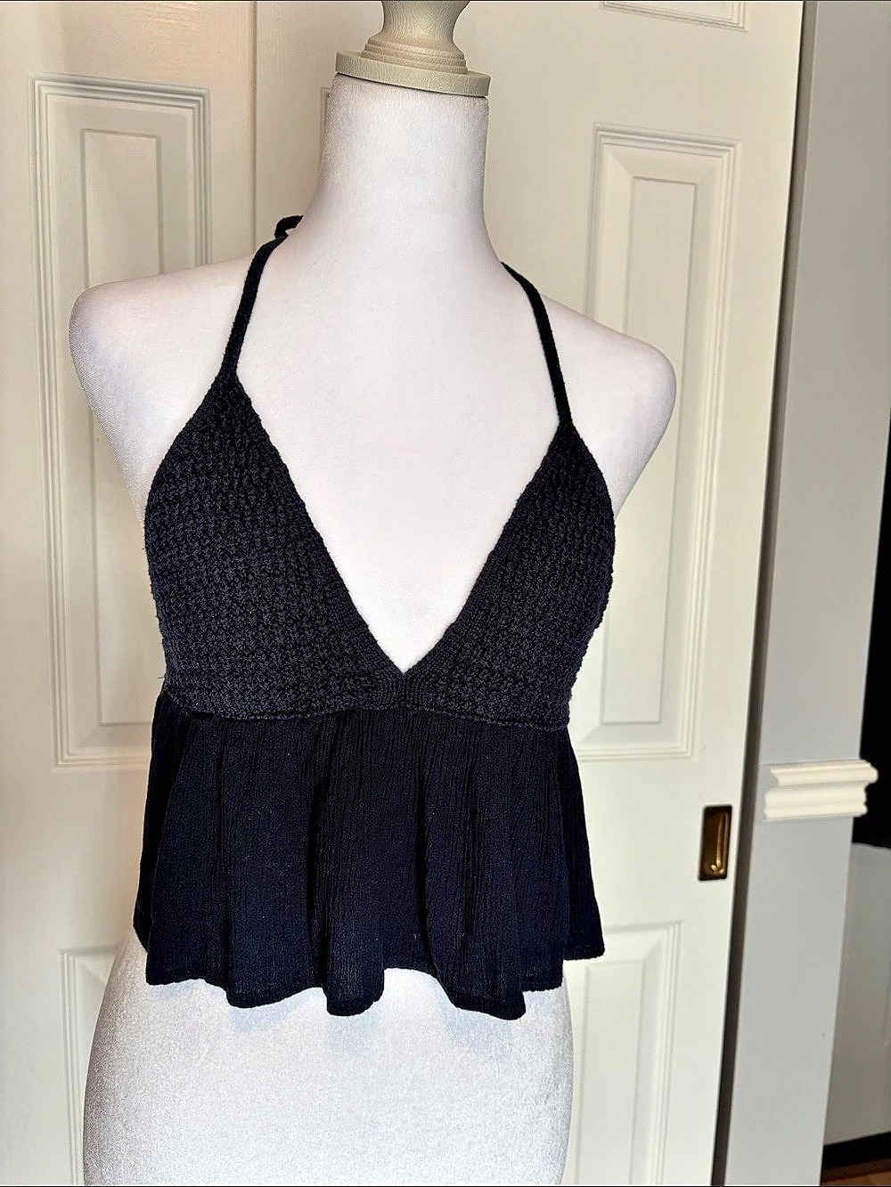 Garage Navy Blue Crochet and Gauze Halter Camisole Size Small